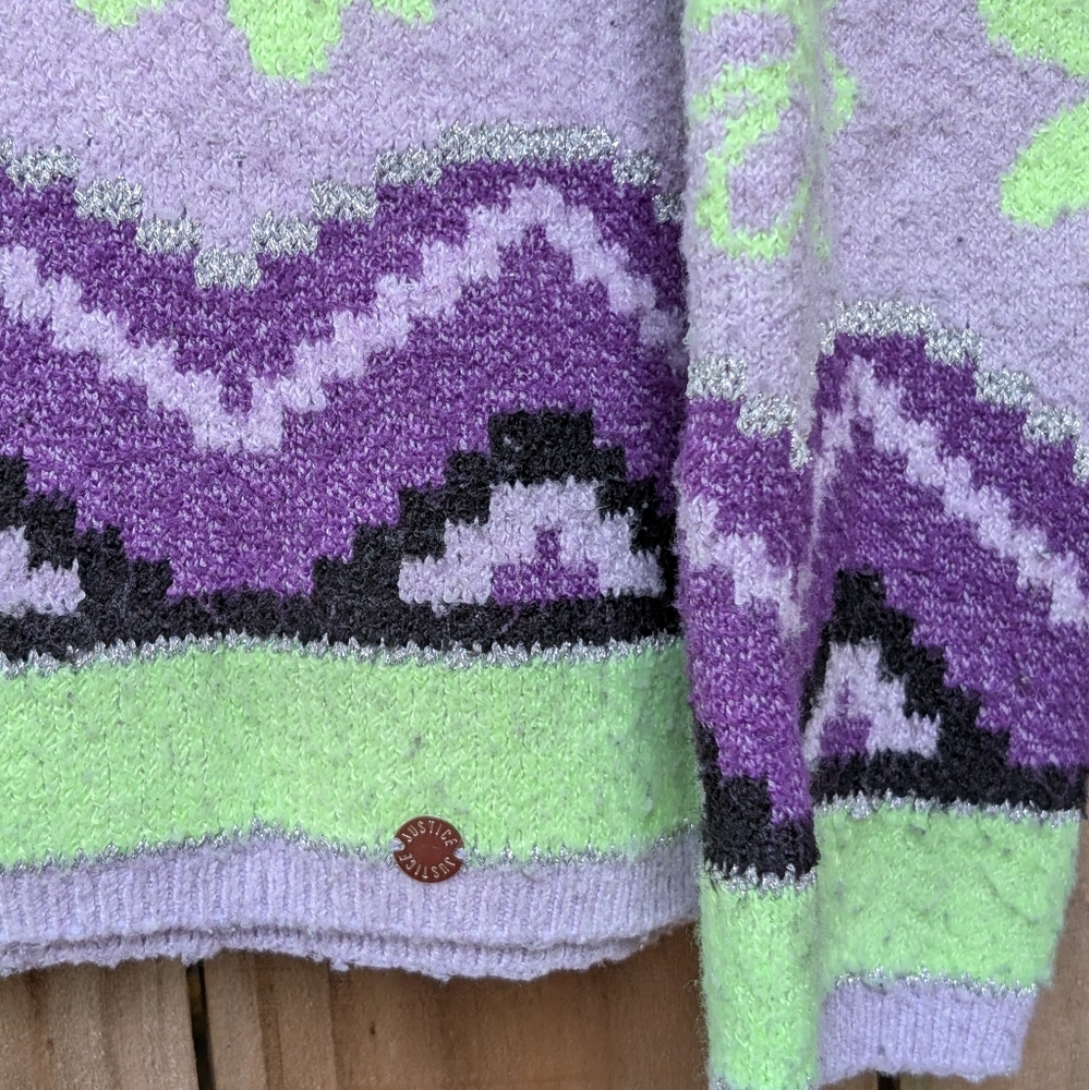 Justice Girls Kids Purple Green Black Retro Floral Fair Isle Patterned Sweater - Picture 3 of 10